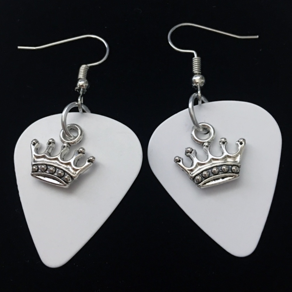 HAND Crafted Princess Crown Earrings Repurposed Guitar Picks Silver Tone